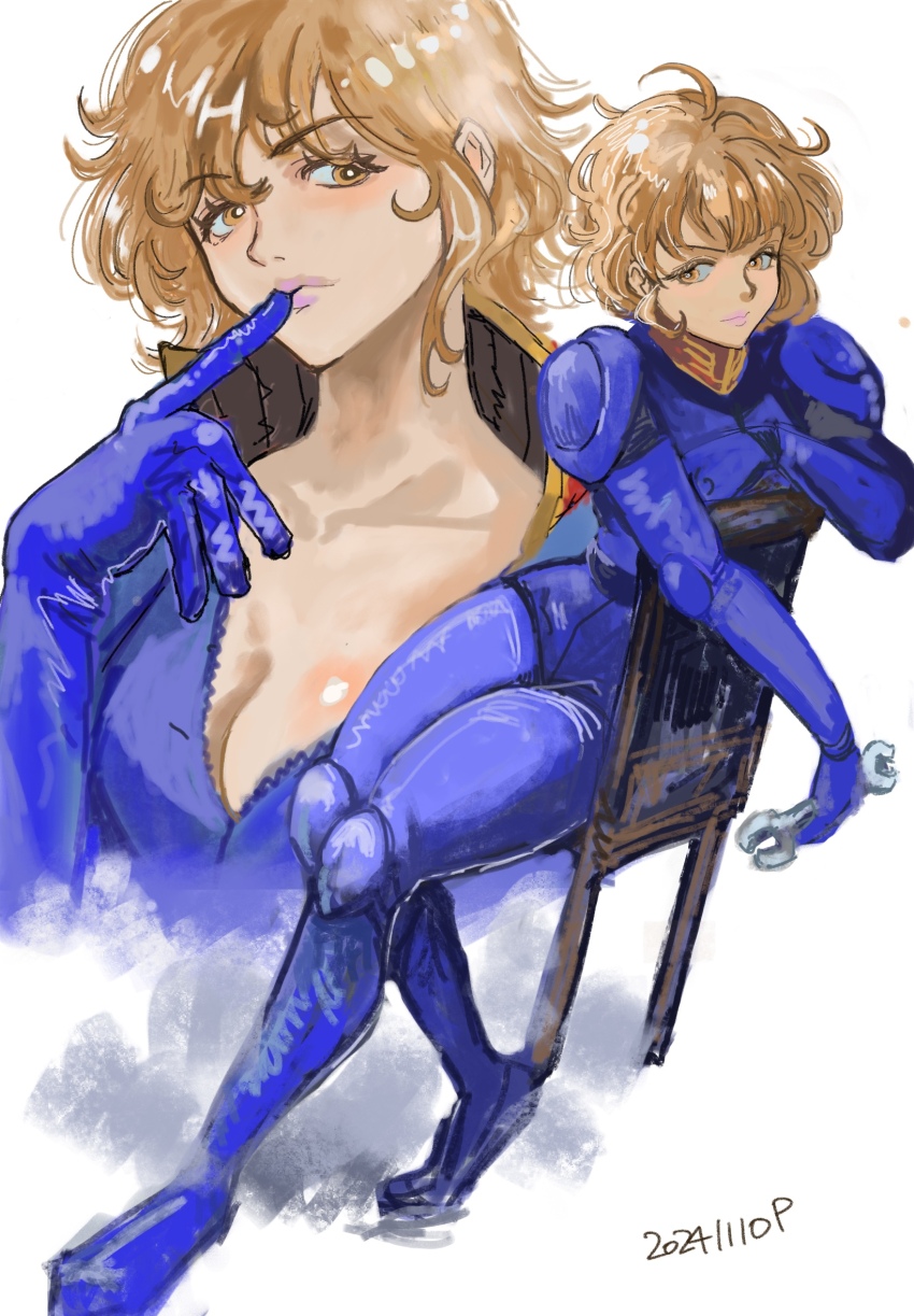 1girl bell breasts chair char&#039;s_counterattack cleavage finger_to_mouth gundam highres looking_at_viewer mecha_pilot_suit medium_hair mobile_suit normal_suit_(gundam) okrdisk2000 orange_eyes orange_hair rezin_schnyder sitting solo white_background