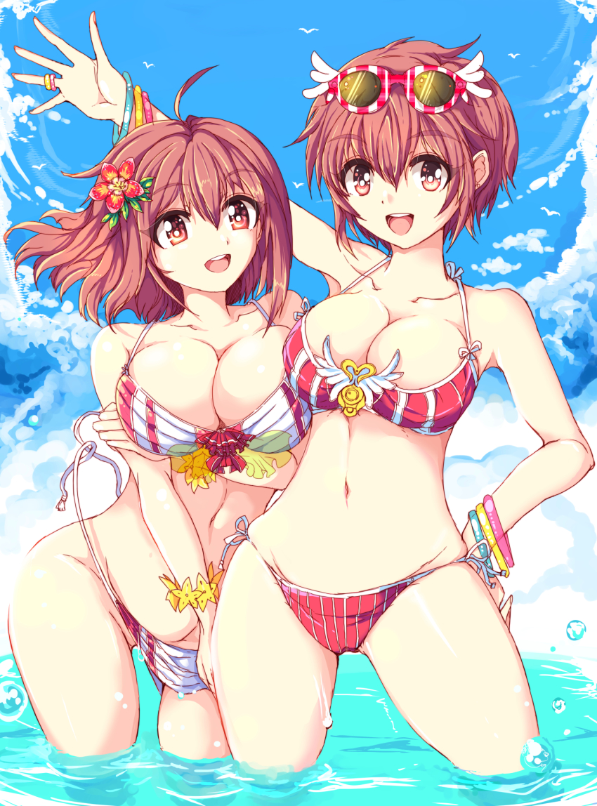 2girls :d alternate_breast_size bad_id bad_pixiv_id bare_shoulders bikini breasts brown_hair cleavage echizen_(hvcv) eyewear_on_head fire_emblem fire_emblem_fates flower groin hair_flower hair_ornament highres hinoka_(fire_emblem) large_breasts medium_breasts multiple_girls navel nintendo open_mouth pink_eyes pink_hair red_bikini red_hair sakura_(fire_emblem) siblings side-tie_bikini_bottom sisters smile sunglasses swimsuit untied_bikini wardrobe_malfunction