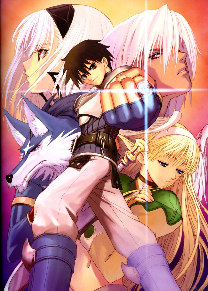 2boys 2girls absurdres albino armlet black_hair blanc_neige blonde_hair blouse blue_background blue_eyes blue_shirt brother_and_sister choker clenched_hand elwing fang fang_out feathers fingerless_gloves foreshortening gloves glowing gorget gradient_background hairband half-closed_eyes head_wings highres jewelry keiner legs_apart light_trail long_hair multiple_boys multiple_girls orange_background pointy_ears purple_background red_background red_eyes ring scan scar sega shining_(series) shining_tears shirt siblings sword tony_taka v-shaped_eyebrows very_long_hair volg weapon white_hair wings wolf xion yellow_background