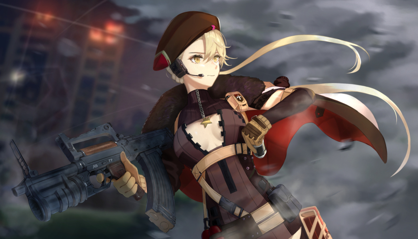 1girl 40mm_vog-25 40mm_vog-25_7p17 ammunition arsenal_ad assault_rifle beret blonde_hair breasts brown_gloves bullpup caseless_ammunition caseless_firearm chaciooh cleavage cleavage_cutout closed_mouth clothing_cutout commentary explosive finger_on_trigger fur-trimmed_jacket fur_trim girls&#039;_frontline girls&#039;_frontline_2:_exilium gloves gp-25 grenade grenade_cartridge grenade_launcher groza_(girls&#039;_frontline_2) gun hat headset high-explosive_cartridge highres internal_propellant_caseless_ammunition izhmash jacket jacket_on_shoulders kalashnikov_concern looking_to_the_side ots-14_(girls&#039;_frontline) ots-14_groza rifle solo stc_delta tskib_soo underbarrel_grenade_launcher weapon yellow_eyes zastava_arms