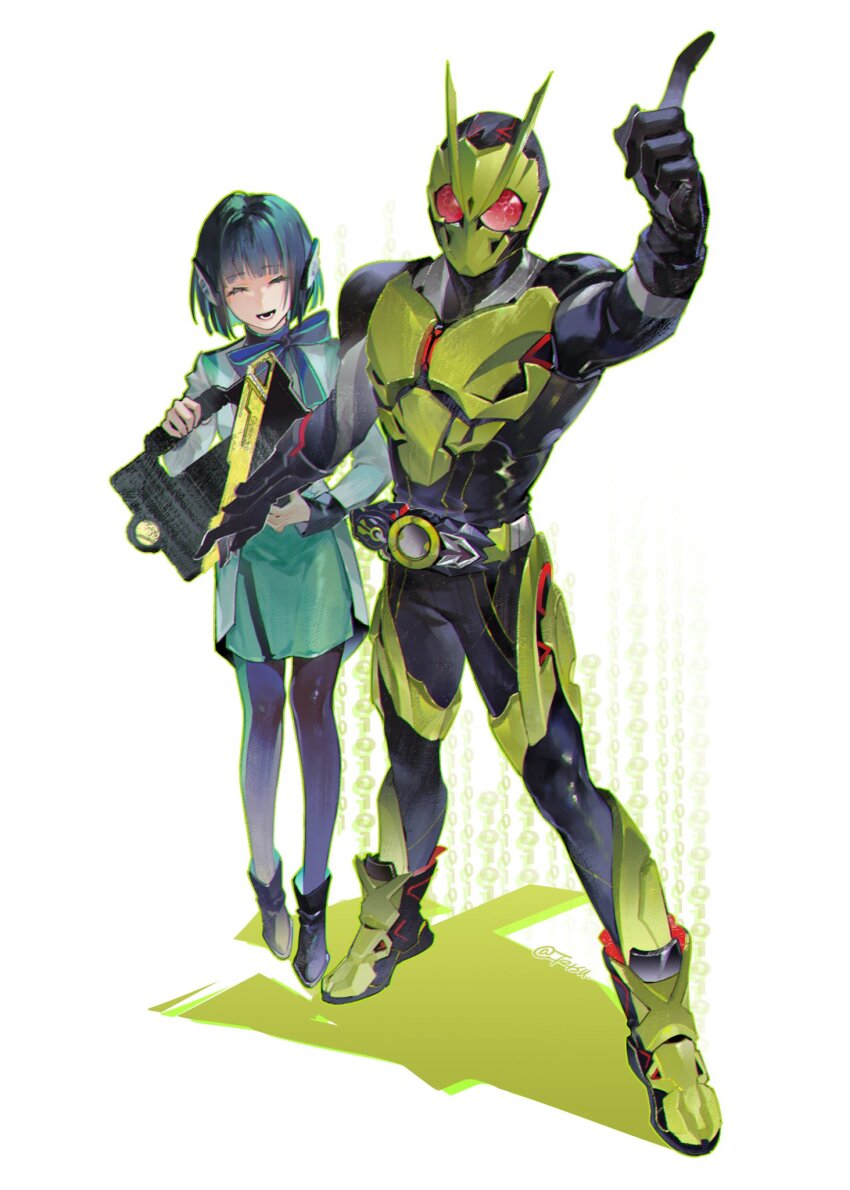 1boy 1girl aqua_dress armor black_bodysuit black_hair black_pantyhose bodysuit closed_eyes coat dress full_body green_armor highres is_(kamen_rider_01) kamen_rider kamen_rider_01_(series) kamen_rider_zero-one medium_hair pantyhose power_armor red_eyes tetsuuut white_coat zero_one_driver