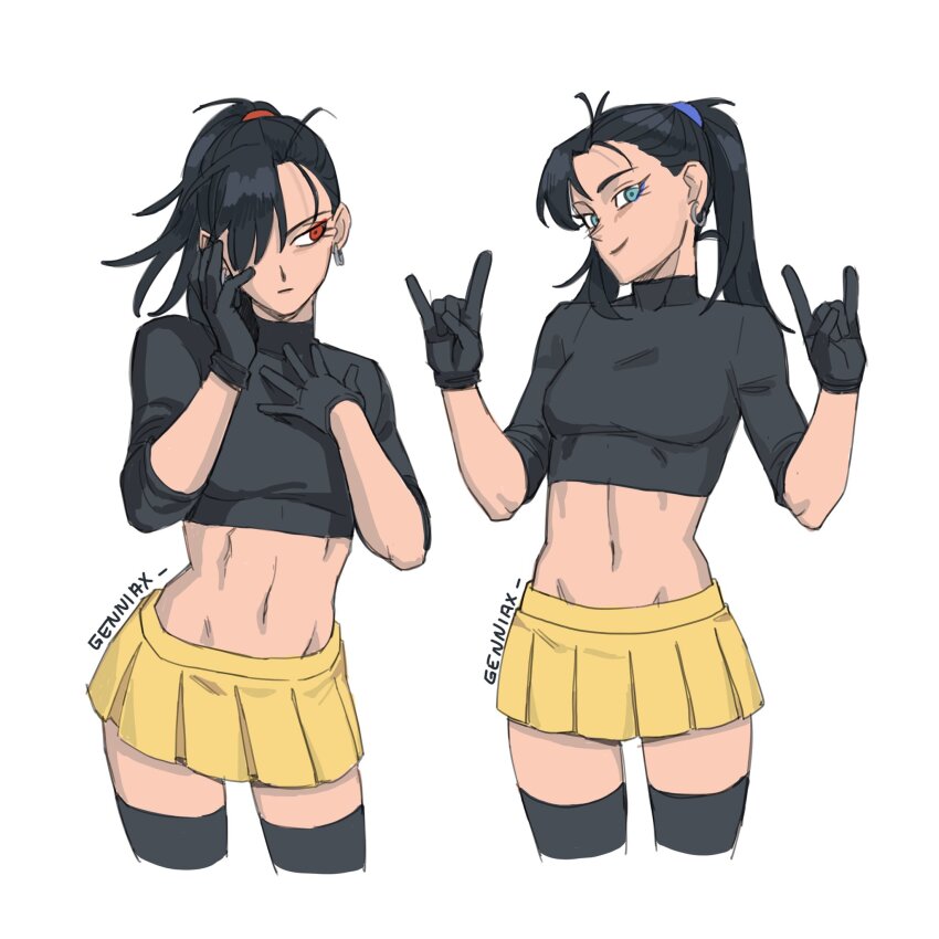 2girls abs black_hair blue_eyes dragon_ball dragon_ball_super dragon_ball_super_super_hero gamma_1 gamma_2 genderswap genderswap_(mtf) genniax hair_over_one_eye highres multiple_girls red_eyes skirt smile thighhighs twintails v