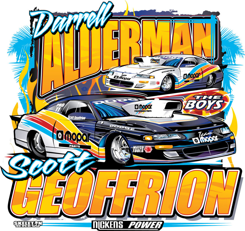 black_car car dodge_(company) dodge_avenger glint highres michael_darque motor_vehicle national_hot_rod_association no_humans official_art race_vehicle racecar shadow vehicle_focus white_car