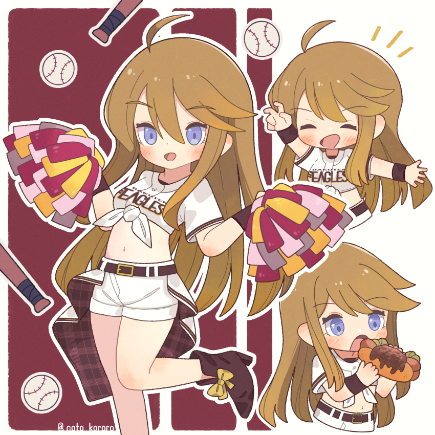 1girl ahoge alternate_costume baseball baseball_bat belt blonde_hair blue_eyes blush bow brown_footwear brown_hair cheerleader chili_dog closed_eyes footwear_bow hair_between_eyes happy highres idolmaster idolmaster_million_live! imminent_bite long_hair multiple_views navel nippon_professional_baseball noto_(user_dajk3722) open_mouth shirt tied_shirt tokoro_megumi touhoku_rakuten_golden_eagles twitter_username white_shirt yellow_bow