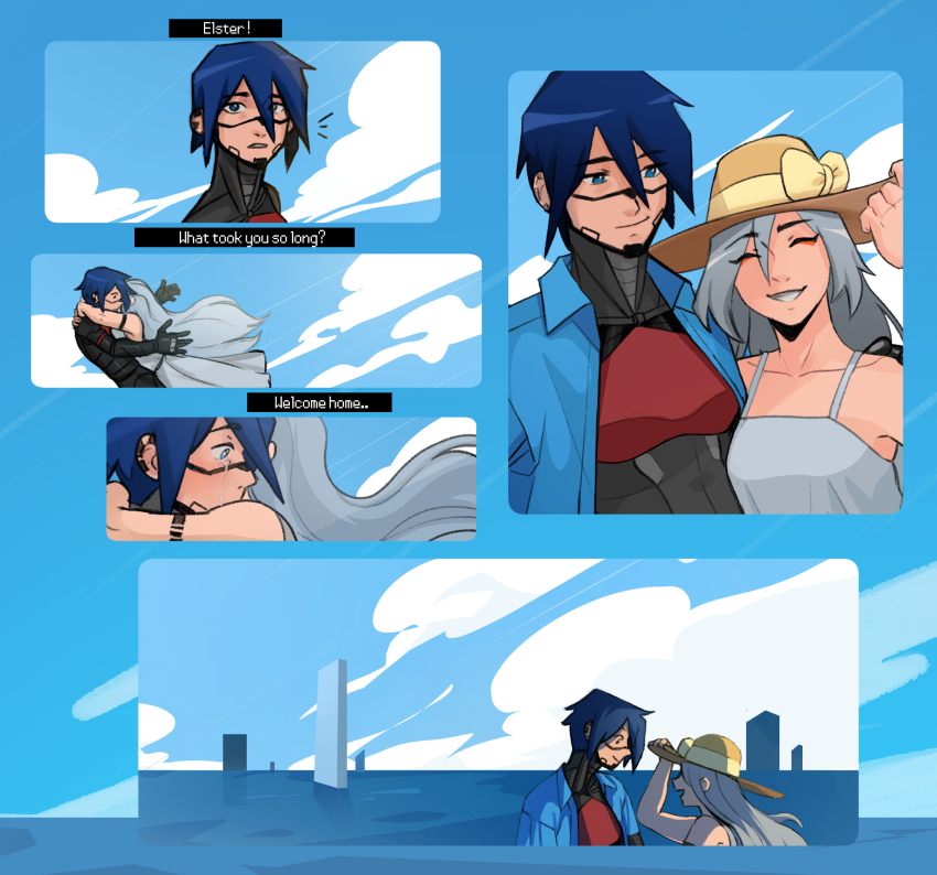 2girls android ariane_yeong blue_eyes blush cyberpunk dress elster_(signalis) hat highres long_hair metal_skin multiple_girls omnlet robot_girl shirt short_hair signalis sky smile tears water yuri
