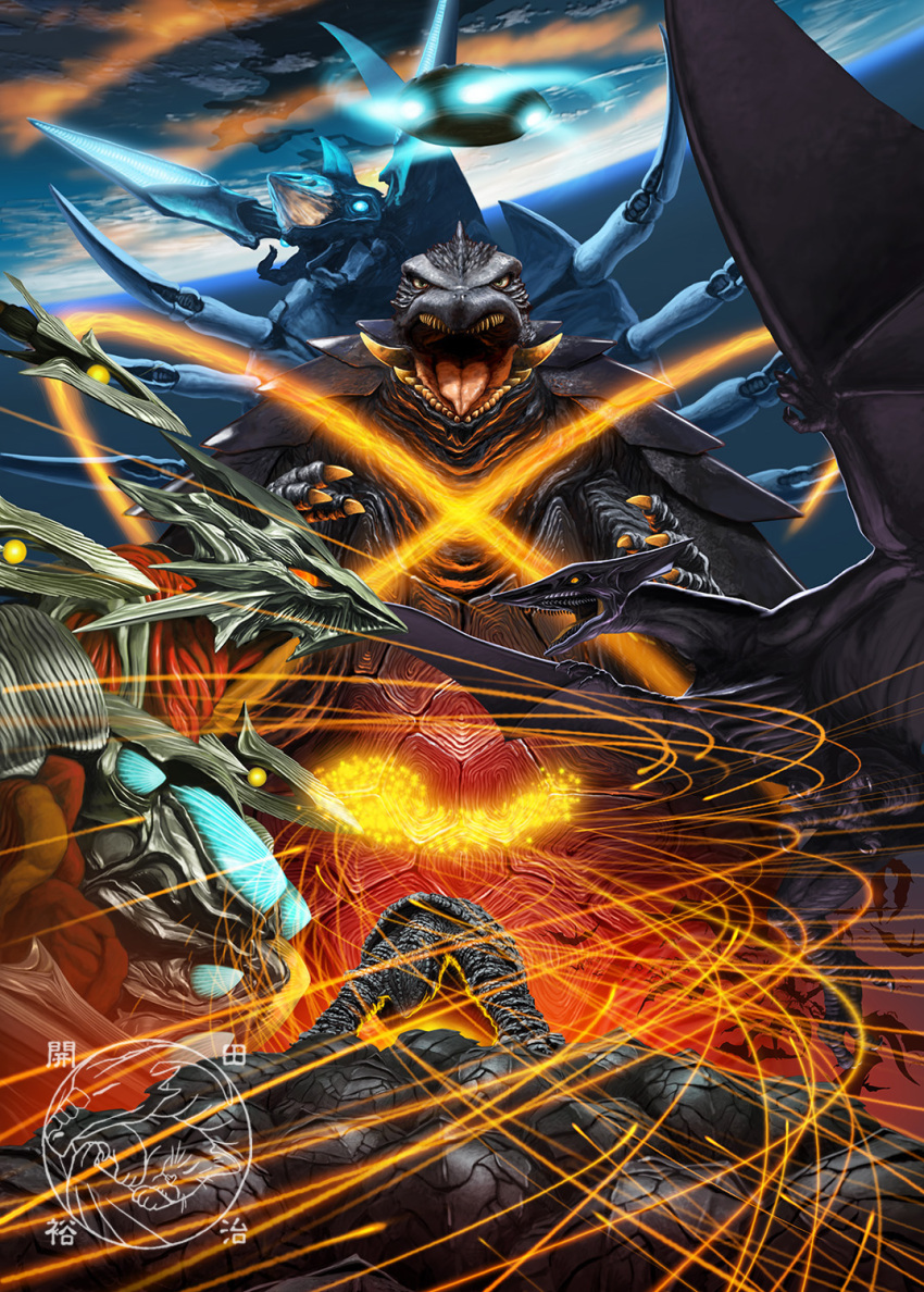 absorbing alien angry arm_blade beta_gamera bioluminescence blue_eyes blue_fire bug claws cloud crest daiei_film earth_(planet) energy energy_ball energy_beam epic fire flying fossil gamera gamera:_guardian_of_the_universe gamera_(series) gamera_2:_attack_of_legion gamera_3:_revenge_of_iris giant giant_monster glowing glowing_eyes green_eyes gyaos highres hyper_gyaos iris_(gamera) island japan kaida_yuji kaiju legion_(gamera) looking_at_viewer magatama mana_(mythology) monster multiple_persona no_humans no_pupils ocean official_art open_mouth orange_eyes particles planet plasma roaring sea_monster sharp_teeth shell signature slit_pupils space space_monster spinning tail talons teeth tentacles tongue turtle turtle_shell tusks water weapon white_fire wings yellow_eyes