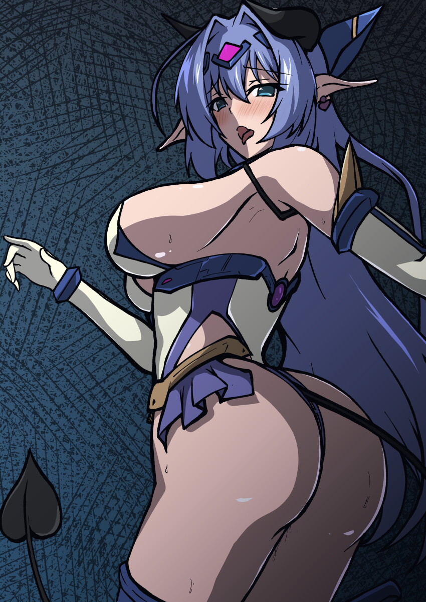 1girl absurdres aoi_tabane ass blue_eyes blue_hair blush breasts demon_girl demon_horns demon_tail earrings elbow_gloves gloves hair_intakes highres horns jewelry katsuragi_marina kougyaku_reiki kouyoku_senki_exs-tia large_breasts leotard long_hair looking_at_viewer looking_back open_mouth pointy_ears sideboob solo sweat tail thighhighs tongue tongue_out white_gloves white_leotard