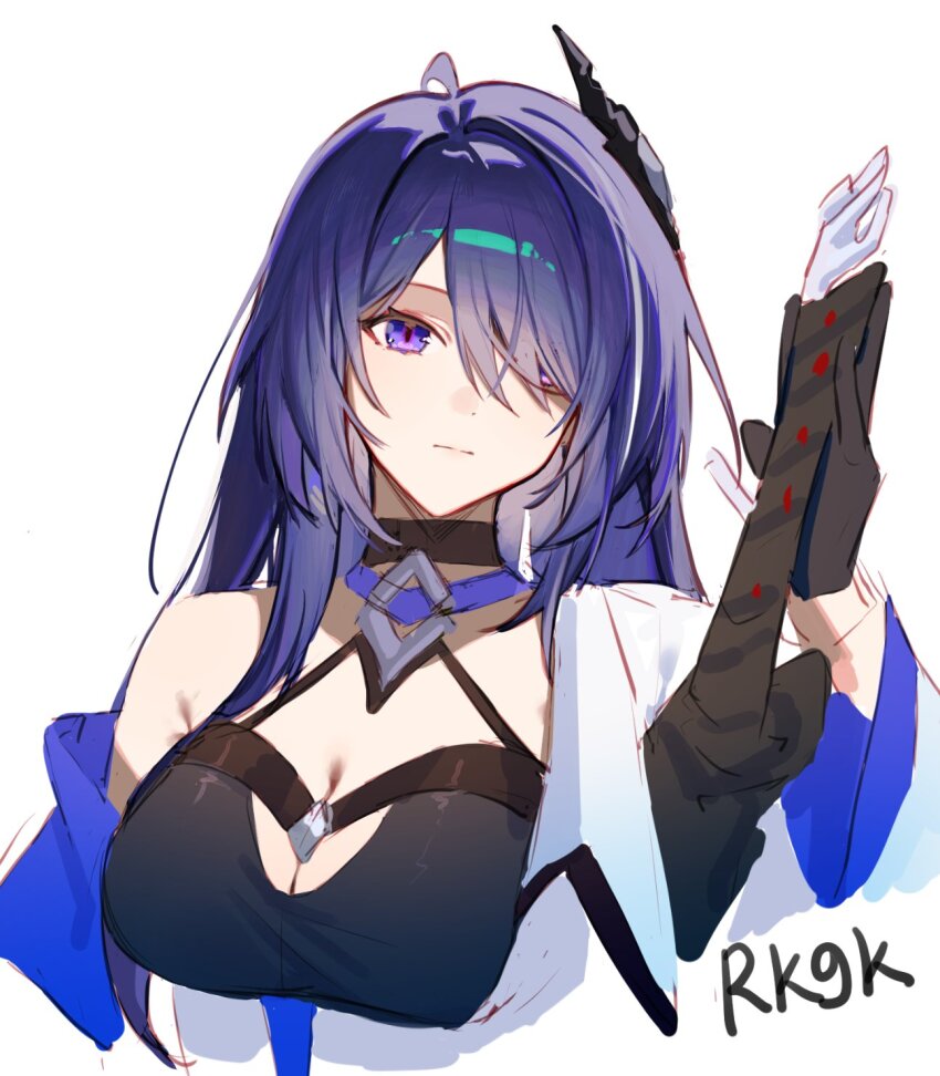 1girl acheron_(honkai:_star_rail) arm_up black_choker black_gloves breasts choker cleavage detached_sleeves gloves hair_over_one_eye highres holding holding_sword holding_weapon honkai:_star_rail honkai_(series) large_breasts long_hair medium_breasts purple_eyes purple_hair shotgunman single_bare_shoulder solo sword upper_body weapon white_background