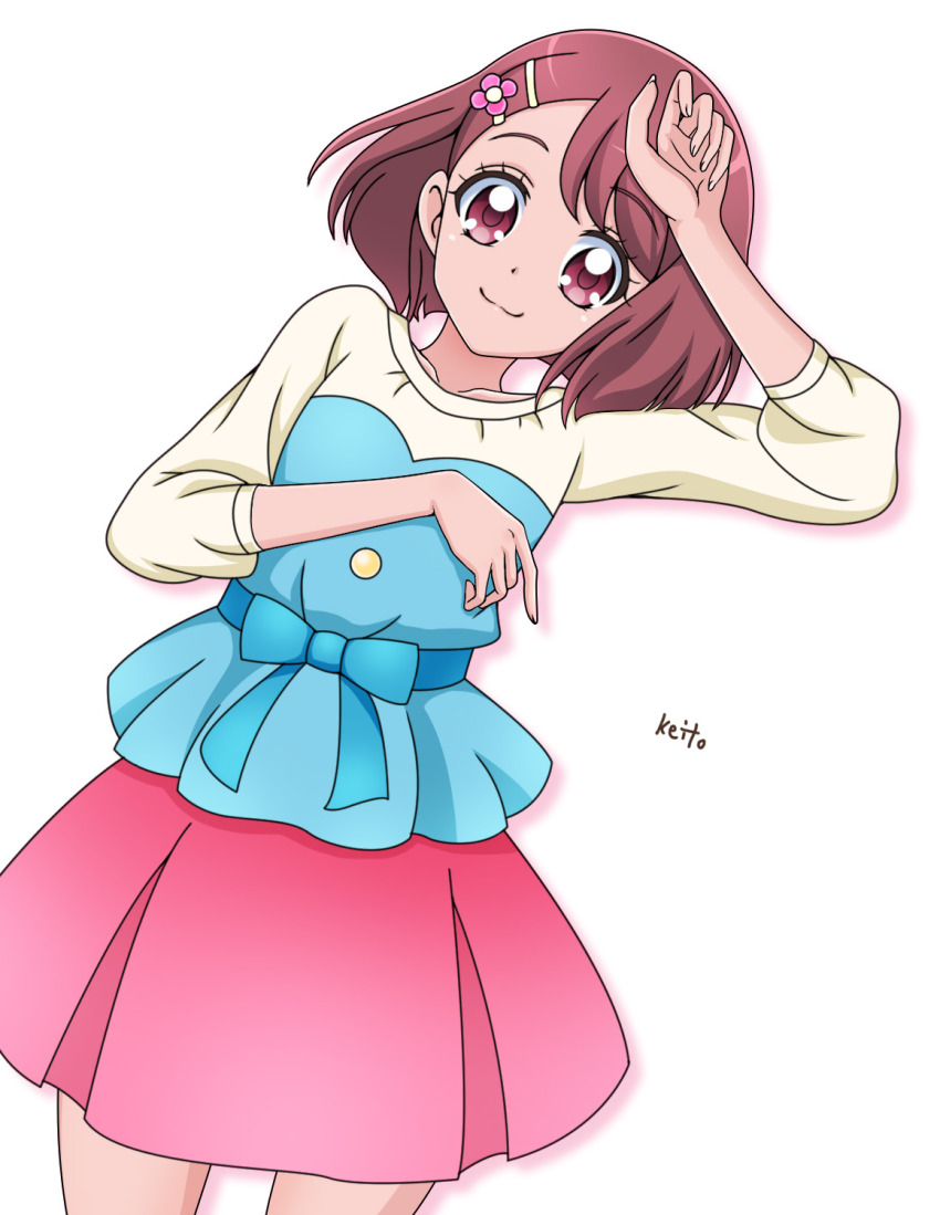 1girl :3 anime_coloring artist_name bare_legs blouse blue_bow blue_shirt bob_cut bow closed_mouth collarbone commentary cowboy_shot fingernails flower hair_flower hair_ornament hairclip hanadera_nodoka hand_on_own_chest hand_on_own_head hand_up head_tilt healin&#039;_good_precure highres looking_at_viewer lying miniskirt on_back pink_eyes pink_hair pink_skirt pleated_skirt precure sakuragawa3710 shirt short_hair simple_background skirt smile solo three-quarter_sleeves two-tone_shirt waist_bow white_background white_shirt