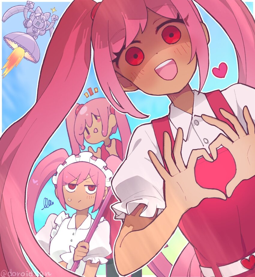 4girls :d belt black_pantyhose blue_sky blush_stickers buttons closed_mouth collared_shirt commentary dark-skinned_female dark_skin doroidsan double-parted_bangs dress dutch_angle frilled_sleeves frills frown hair_between_eyes hair_tie heart heart_belt heart_hands highres holding humanoid_robot jitome long_hair maid maid_headdress multiple_girls multiple_persona mutantheart_(omori) o_o official_alternate_costume omori open_mouth outdoors outline pantyhose perfectheart_(omori) pinafore_dress pink_hair puffy_short_sleeves puffy_sleeves red_dress red_eyes roboheart_(omori) robot rocket_engine round_teeth shaded_face shirt short_sleeves sidelocks sky sleeveless sleeveless_dress smile solid_oval_eyes squiggle sweatdrop sweetheart_(omori) symbol-only_commentary teeth twintails upper_body upper_teeth_only v-shaped_eyebrows very_long_hair white_belt white_headdress white_outline white_shirt white_wrist_cuffs wrist_cuffs