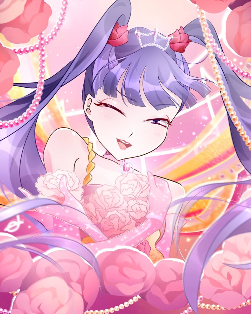1girl alternate_costume asian bad_id bad_twitter_id bare_shoulders beads blunt_bangs bottle chocofish commentary cowboy_shot dress dress_flower elbow_gloves enchantix english_commentary eyelashes eyeshadow fairy fairy_wings floating_clothes floating_hair flower glitter gloves gown hair_flower hair_ornament happy highres light_blush light_particles lipstick long_dress long_hair magical_girl makeup musa_(winx_club) one_eye_closed open_mouth pink_background pink_dress pink_eyeshadow pink_gloves pink_lips purple_eyes purple_hair red_flower self_hug single_strap sleeveless sleeveless_dress smile solo teeth tulip twintails upper_teeth_only wings winx_club yellow_wings