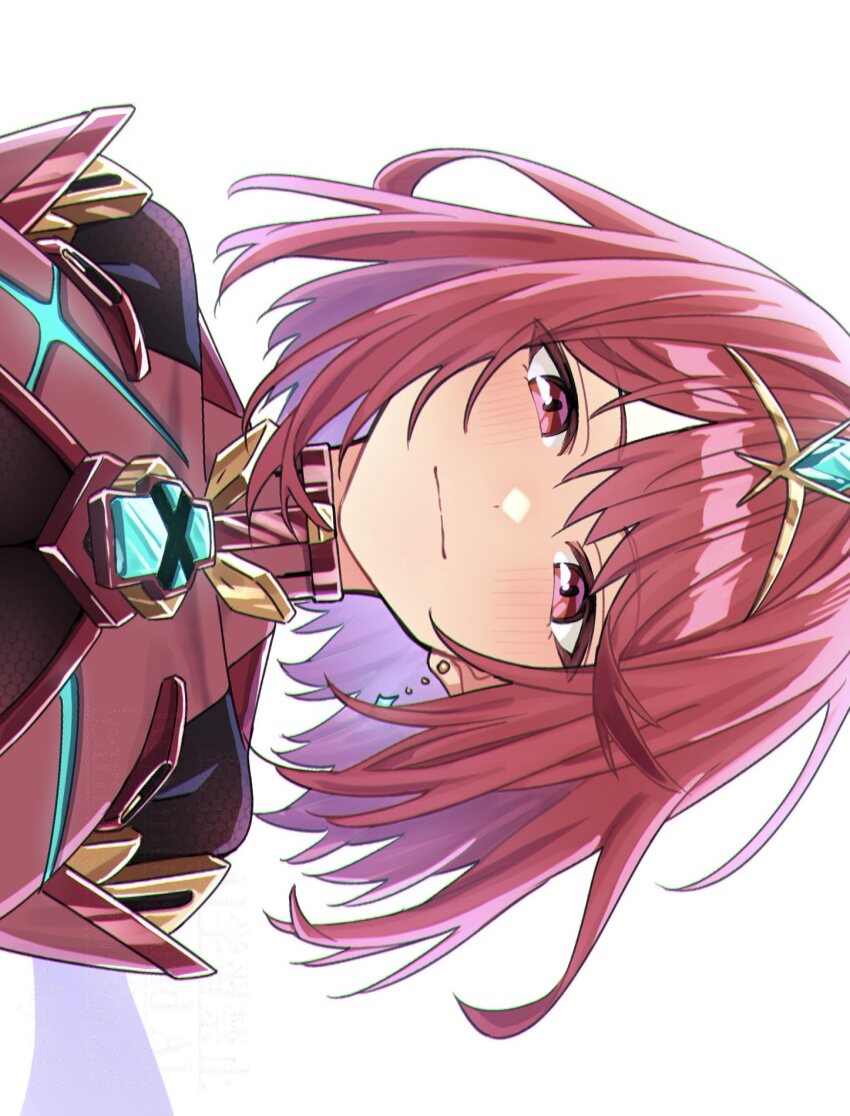 1girl blush breasts chest_jewel core_crystal_(xenoblade) highres large_breasts pyra_(xenoblade) red_eyes red_hair shinae short_hair simple_background smile solo tiara upper_body white_background xenoblade_chronicles_(series) xenoblade_chronicles_2