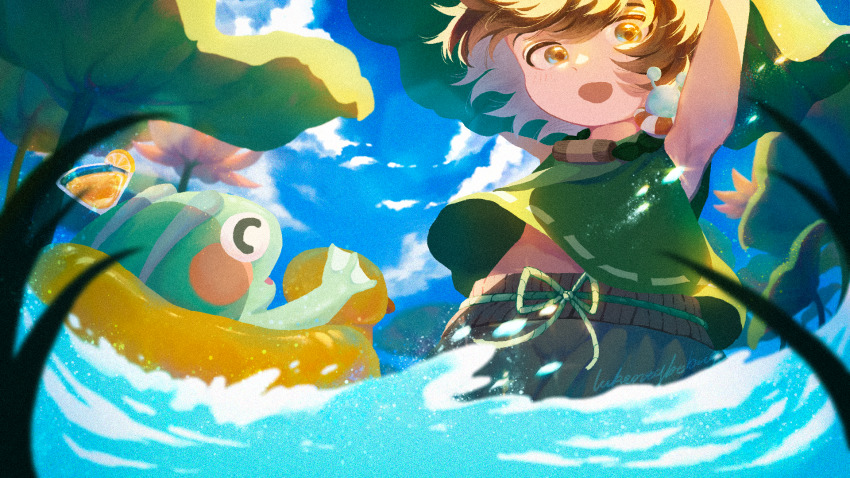 3others androgynous azuma_kaisen azuma_kaisen_(frog) blush_stickers brown_eyes brown_hair cloud frog green_shirt highres hotaru_kago innertube jewelry kesa_kujiru kesa_kujiru_(slug) len&#039;en lily_pad multiple_others necklace ogata_garaiya shirt sky slug swim_ring water