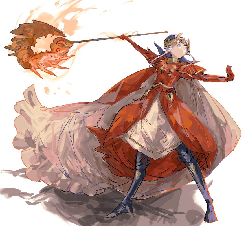 1girl armor artist_request axe aymr_(fire_emblem) breasts cape closed_mouth dress edelgard_von_hresvelg edelgard_von_hresvelg_(timeskip) fire_emblem fire_emblem:_three_houses full_body gloves hair_ornament highres holding holding_axe horns long_hair nintendo purple_eyes red_cape simple_background solo weapon white_background white_hair