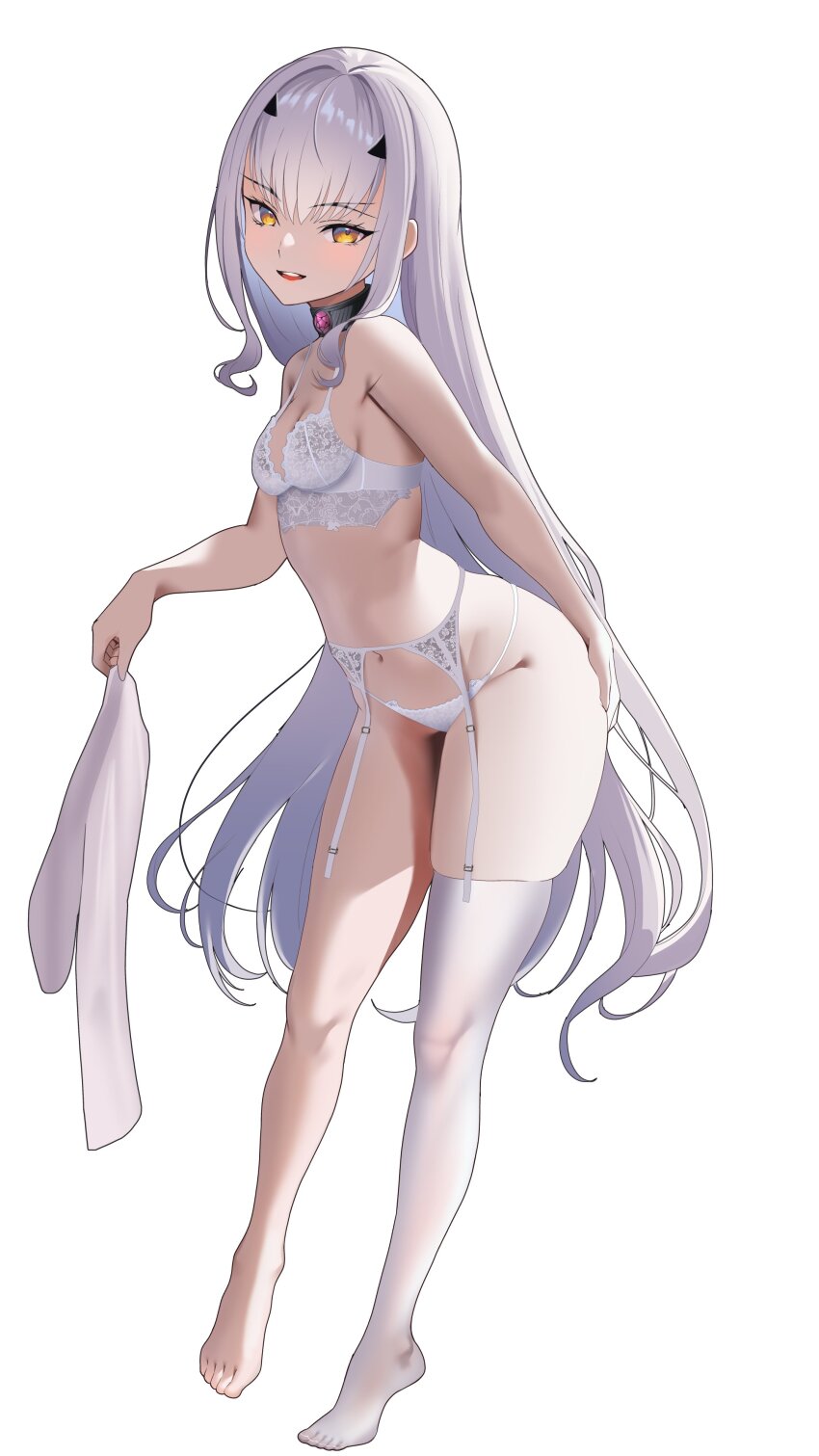 1girl absurdres bare_shoulders blush bra breasts choker fate/grand_order fate_(series) forked_eyebrows full_body garter_belt highres long_hair looking_at_viewer melusine_(fate) mishiro_(ixtlolton) navel open_mouth panties sidelocks small_breasts smile solo thighhighs underwear white_bra white_hair white_panties white_thighhighs yellow_eyes