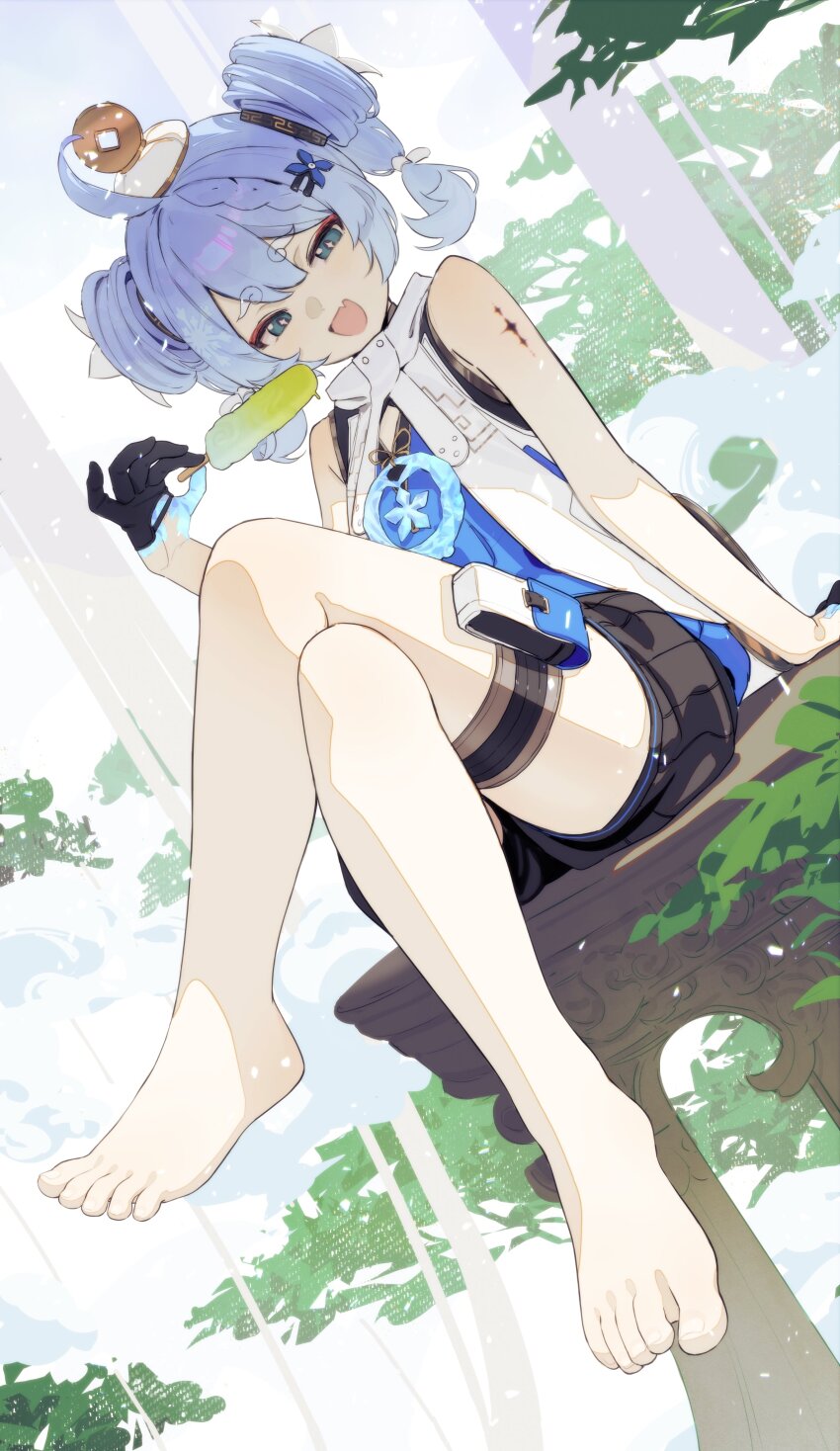 1girl absurdres barefoot black_gloves blue_eyes blue_hair blue_hands coin coin_hat_ornament commentary crossed_legs curly_eyebrows fang feet food gloves hair_ornament hair_ribbon hairclip hat hat_ornament highres holed_coin looking_at_viewer open_mouth partially_fingerless_gloves popsicle ribbon sitting skin_fang sleeveless solo songchuan_li symbol-only_commentary tacet_mark_(wuthering_waves) thigh_strap tree white_ribbon wuthering_waves youhu_(wuthering_waves)