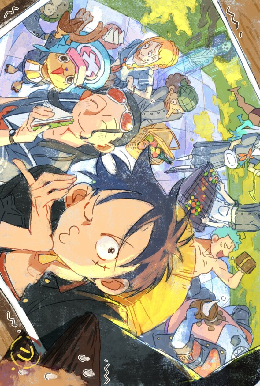 3girls 6+boys ^_^ antlers black_hair brook_(one_piece) closed_eyes commentary_request cross cup food franky_(one_piece) green_hair hat highres holding holding_cup holding_food hood horns jinbe_(one_piece) kung_fu_dugong long_nose monkey_d._luffy multiple_boys multiple_girls nami_(one_piece) nico_robin one_eye_closed one_piece photo_(object) reindeer_antlers roronoa_zoro sailor_collar sandwich sanji_(one_piece) scar scar_on_face school_uniform siyangou49 tony_tony_chopper usopp watch wristwatch yamato_(one_piece)