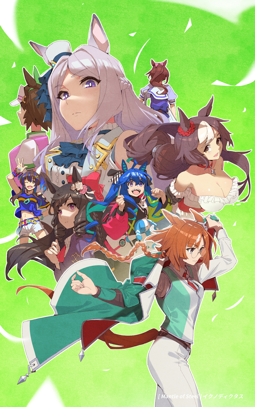 6+girls @_@ ahoge animal_ears aqua_hair arm_behind_back arm_up ascot belt black_pantyhose blue_ascot blue_eyes blue_hair blue_shirt blunt_ends bob_cut bow braid breasts bright_pupils brown_hair character_name cleavage clenched_hands closed_mouth clothes_grab clothing_cutout coat coat_partially_removed collar commentary_request cropped_shirt crossed_bangs crutch daiichi_ruby_(umamusume) daitaku_helios_(umamusume) drawstring dress drill_hair drill_sidelocks ear_covers ear_ornament fang flower_ornament frilled_dress frills glasses green_background green_coat grey_eyes hair_bow hair_ornament hairclip hand_up hands_up hat heterochromia highres hood hoodie horse_ears horse_girl horse_tail ikuno_dictus_(umamusume) ines_fujin_(umamusume) large_breasts long_hair long_sleeves mejiro_mcqueen_(end_of_sky)_(umamusume) mejiro_mcqueen_(umamusume) midriff mini_hat multicolored_hair multicolored_hoodie multiple_girls navel necktie one_eye_closed orange_eyes orange_hair outline pants pantyhose pink_vest ponytail puffy_short_sleeves puffy_sleeves purple_dress purple_eyes purple_hair purple_shirt red_ascot red_bow red_collar red_necktie round_eyewear sailor_collar school_uniform sharp_teeth shirt short_sleeves shorts side_braid sidelocks single_braid single_ear_cover sinnra_art skin_fang streaked_hair striped_bow stuffed_animal stuffed_rabbit stuffed_toy tail teeth tokai_teio_(umamusume) tracen_school_uniform twin_turbo_(umamusume) twintails two-tone_hair umamusume very_long_hair vest visor_cap w white_dress white_outline white_pants white_pupils white_sailor_collar white_shirt white_shorts yamanin_zephyr_(umamusume) yellow_eyes