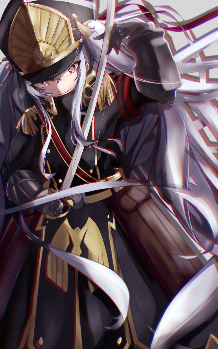 1girl altair_(re:creators) arm_up armband belt belt_bag bib black_armband black_coat blurry brown_bag buttons clenched_hand clip_studio_paint_(medium) closed_mouth coat coat_dress commentary crossed_bangs cydius_lilium depth_of_field dot_nose dress epaulettes gauntlets gold_trim grey_background hair_between_eyes hat highres holding holding_sword holding_weapon long_bangs long_dress long_hair long_sleeves looking_at_viewer military_uniform re:creators red_armband shade shadow shako_cap sidelocks simple_background smile solo sword twintails two-tone_armband very_long_hair weapon white_hair