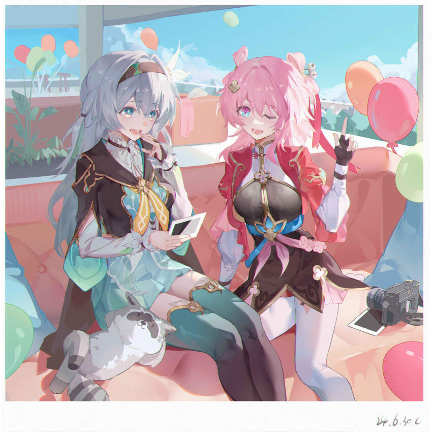 2girls absurdres balloon black_gloves black_hairband blue_sky breasts camera comet-c dress fingerless_gloves firefly_(honkai:_star_rail) gloves green_dress hair_ornament hairband highres holding holding_photo honkai:_star_rail honkai_(series) long_hair march_7th_(honkai:_star_rail) march_7th_(hunt)_(honkai:_star_rail) multicolored_eyes multiple_girls one_eye_closed photo_(object) raccoon single-lens_reflex_camera sky smile thighhighs thighs two-tone_eyes two-tone_thighhighs white_thighhighs zettai_ryouiki