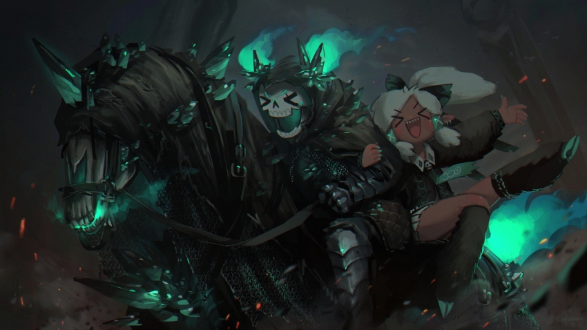 &gt;_&lt; 1girl 1other absurdres armor chainmail commentary crystal earrings english_commentary highres hooves horseback_riding jewelry nail_polish necromancer open_mouth original pointy_ears ponytail porforever riding sharp_teeth skeleton skeleton_horse teeth white_hair