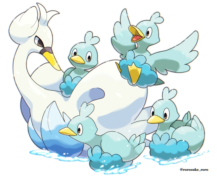 animal_focus black_eyes commentary_request ducklett evolutionary_line game_freak gen_5_pokemon highres nintendo no_humans open_mouth pokemon pokemon_(creature) rorosuke simple_background smile swanna tongue twitter_username water white_background wings
