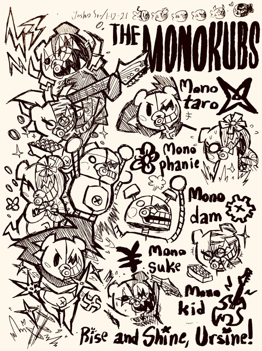 arms_up character_name commentary danganronpa_(series) danganronpa_v3:_killing_harmony dated doodle_inset english_commentary flower gears glasses greyscale guitar hatching_(texture) highres holding holding_guitar holding_instrument holding_shuriken holding_weapon instrument josh-s26 monochrome monodam monokid monophanie monosuke monotaro_(danganronpa) multiple_views no_humans open_mouth puff_of_air robot round_eyewear scarf sharp_teeth shuriken signature simple_background smile sweat teeth v-shaped_eyebrows vomiting weapon white_background yen_sign