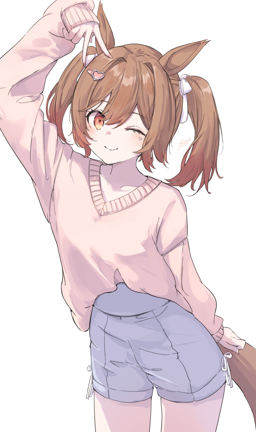 1girl ;) absurdres alternate_costume animal_ears brown_eyes brown_hair commentary cowboy_shot grey_shorts hair_between_eyes hair_ornament hair_ribbon hairclip highres horse_ears horse_girl long_sleeves looking_at_viewer nazmocha one_eye_closed pink_sweater ribbon shorts simple_background smart_falcon_(umamusume) smile solo sweater twintails umamusume v white_background white_ribbon