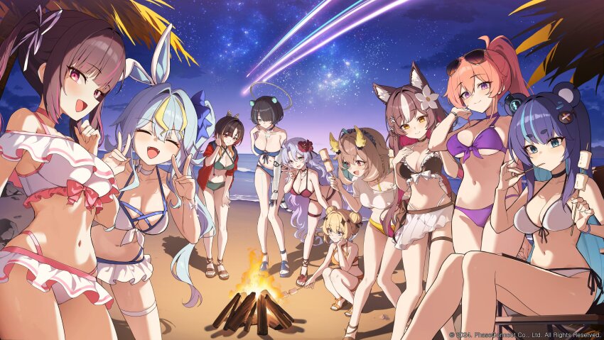 6+girls absurdres animal_ear_request animal_ears bare_shoulders beach bikini bikini_ribbon bikini_under_clothes black_hair black_ribbon blonde_hair blue_bikini blue_bow blue_eyes blue_hair blue_ribbon bow bow_bikini breasts brown_bikini brown_hair campfire check_flower chisaka_airi cleavage closed_eyes closed_mouth commentary cowboy_shot double_bun double_v english_commentary erina_makina eyewear_on_head feet_out_of_frame flower flower_request food frilled_bikini frills fujikura_uruka full_body goeleu green_bikini grey_halo hair_between_eyes hair_bow hair_bun hair_flower hair_ornament hair_over_one_eye hair_ribbon halo hand_up heterochromia highres himemiya_rie jacket jewelry kaminari_clara kaneko_lumi kannagi_loki large_breasts light_blush long_bangs long_hair looking_at_viewer marshmallow medium_breasts midriff multicolored_hair multiple_girls navel necklace night night_sky open_clothes open_jacket open_mouth orange_hair outdoors phase_connect phase_connect_jp pink_eyes plumeria ponytail purple_hair red_bikini red_jacket ribbon roasted_marshmallow runie_ruse shirt shisui_michiru_(phase_connect) shooting_star short_hair side_ponytail single_off_shoulder sitting sky squatting standing star-shaped_pupils star_(sky) star_(symbol) starry_sky streaked_hair swimsuit symbol-shaped_pupils utatane_nasa v very_long_hair virtual_youtuber wavy_hair white_bikini white_bow white_ribbon white_shirt yellow_bikini yellow_eyes