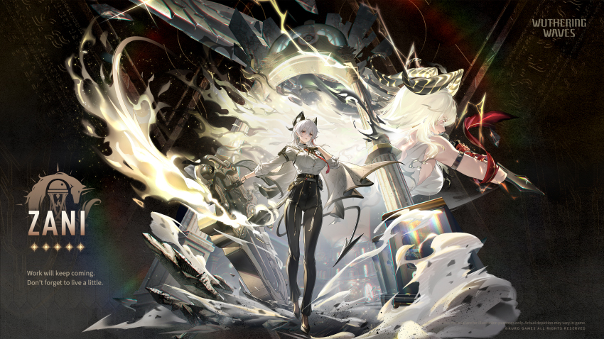 1girl arm_pouch black_gloves black_horns black_jacket black_pants black_pouch black_shoes black_socks black_tail breasts character_name chest_harness chromatic_aberration collared_shirt commentary curled_horns demon_tail earrings english_commentary full_body gloves hair_between_eyes harness high-waist_pants highres holding holding_shield horns jacket jacket_on_shoulders jewelry key_earrings large_breasts logo long_hair looking_at_viewer multicolored_hair multiple_views necktie official_art pants parted_lips red_eyes red_necktie shield shirt shirt_tucked_in shoes sleeves_rolled_up socks streaked_hair tail tight_clothes tight_pants white_hair white_shirt wuthering_waves zani_(wuthering_waves)