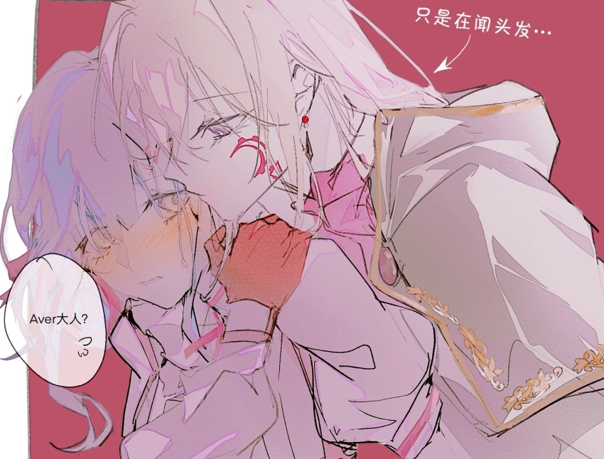 2girls aver_(yumenokessho) bang_dream! black_capelet blonde_hair blue_hair blush capelet chinese_commentary chinese_text commentary_request doloris_(bang_dream!) earrings gloves highres jewelry misumi_uika multiple_girls purple_eyes red_gloves shirt sweets_paradise togawa_sakiko translation_request white_shirt yellow_eyes yi_chuan_xian_hua yumenokessho yuri