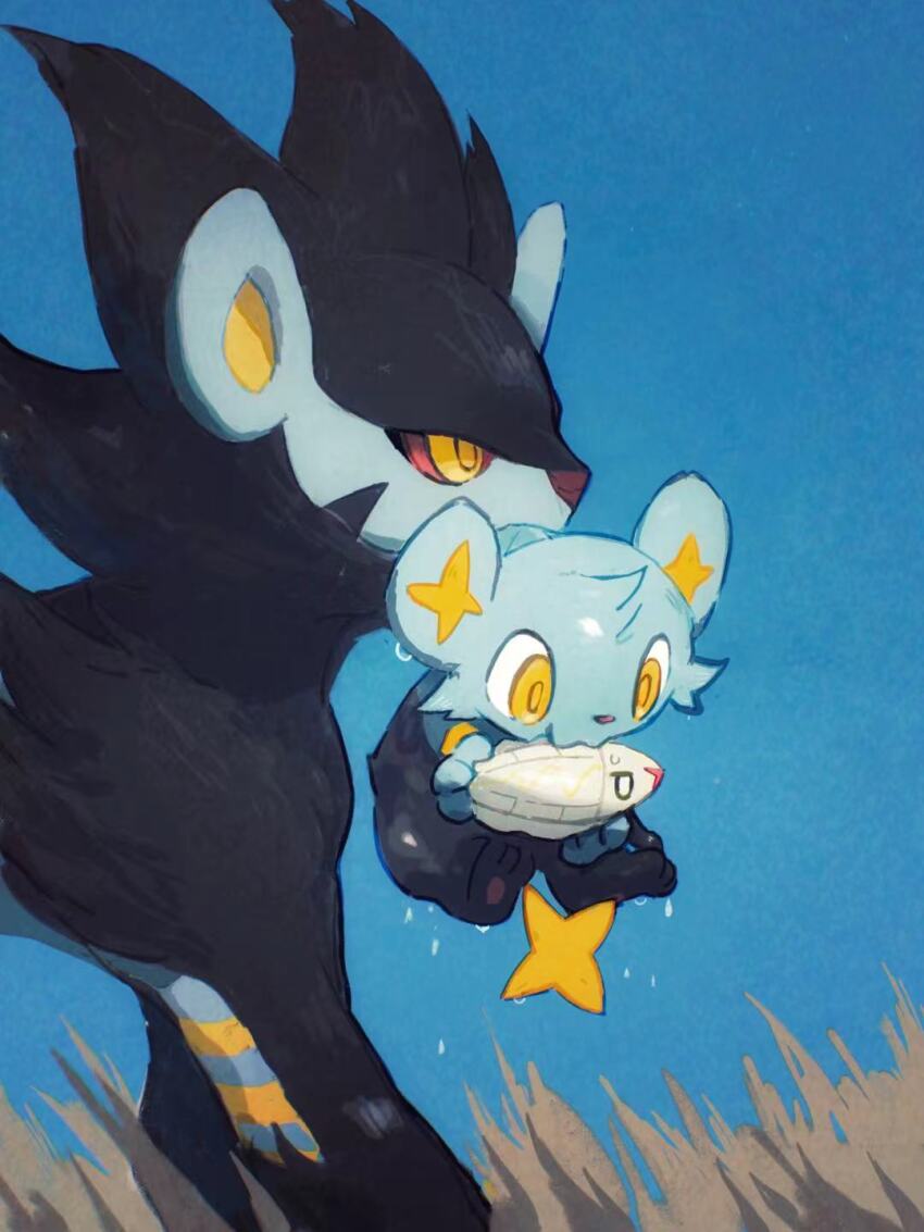 arc_draws colored_sclera commentary_request day dripping gen_4_pokemon gen_5_pokemon highres luxray mouth_hold nintendo no_humans outdoors pokemon pokemon_(creature) red_sclera shinx tympole water_drop wet yellow_eyes yellow_pupils
