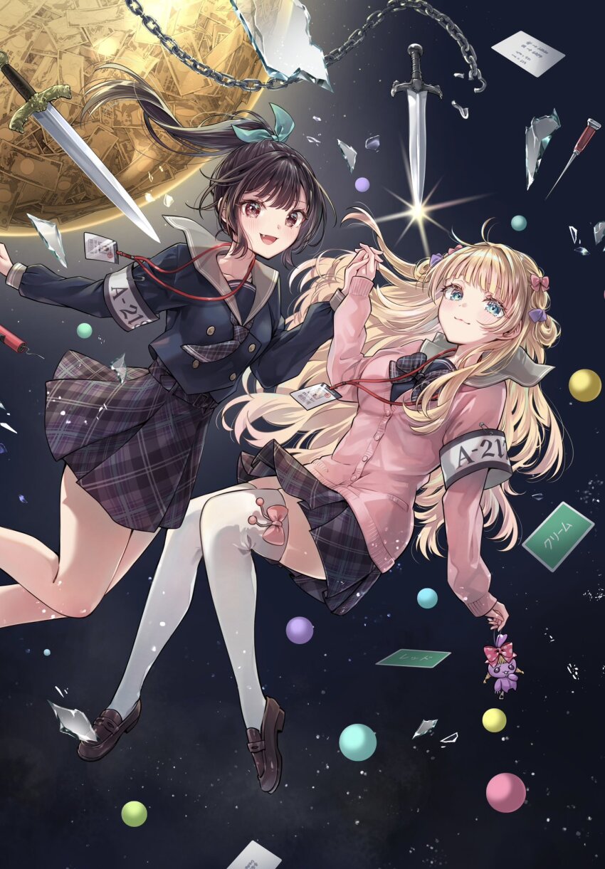 2girls :3 :d aqua_ribbon armband belt belt_buckle black_belt black_bow black_bowtie black_hair black_serafuku black_shirt black_skirt blonde_hair blue_eyes blunt_bangs blush bow bowtie breasts brown_eyes brown_shoes buckle buttons card cardigan chain character_request closed_mouth commentary_request copyright_request double-breasted fang floating_hair grey_sailor_collar hair_bow hair_ribbon hand_up high_ponytail highres holding_hands id_card lanyard loafers long_hair long_sleeves looking_at_viewer money multiple_girls neckerchief official_art open_mouth pink_bow pink_cardigan plaid_bow plaid_bowtie plaid_clothes plaid_neckerchief plaid_skirt pleated_skirt ponytail ribbon sailor_collar school_uniform serafuku shirt shoes skirt sleeves_past_wrists smile sword tenacitysaho thighhighs very_long_hair weapon white_thighhighs