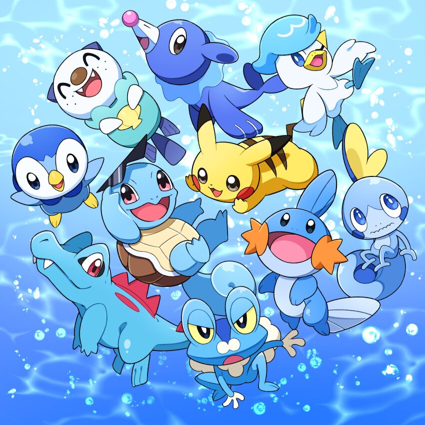 :d :o ;d ^_^ blue_eyes bright_pupils bubble closed_eyes closed_mouth commentary_request fangs fangs_out froakie gen_1_pokemon gen_2_pokemon gen_3_pokemon gen_4_pokemon gen_5_pokemon gen_6_pokemon gen_7_pokemon gen_8_pokemon highres looking_at_viewer mudkip nintendo no_humans one_eye_closed open_mouth oshawott pikachu piplup pokemon pokemon_(creature) pokemon_focus pon_yui popplio quaxly smile sobble squirtle tongue totodile wavy_mouth white_pupils