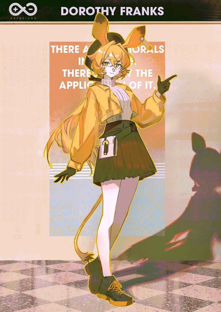 1girl absurdres alternate_costume animal_ears arknights black_gloves black_shoes black_skirt blonde_hair character_name closed_mouth crossed_bangs dorothy_(arknights) english_text full_body gloves grey_sweater hair_between_eyes hair_intakes highres index_finger_raised jacket long_hair long_sleeves peemy pleated_skirt ponytail puffy_long_sleeves puffy_sleeves rhine_lab_logo ribbed_sweater shadow shoes skirt smile solo split_mouth standing sweater turtleneck turtleneck_sweater yellow_eyes yellow_jacket