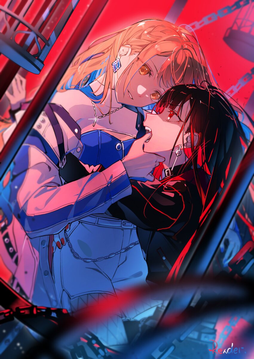 2girls absurdres azusawa_kohane belt belt_buckle birdcage black_hair black_jacket braid buckle cage chain choker commentary diamond_(gemstone) diamond_(shape) diamond_earrings earrings finger_in_another&#039;s_mouth fishnets floating_earring hand_on_another&#039;s_hip highres in_cage jacket jewelry jingzhaowhale looking_at_another metal multicolored_hair multiple_girls nail_polish necklace off-shoulder_shirt off_shoulder open_mouth orange_hair pants project_sekai red_background red_eyes shadow sharp_teeth shiraishi_an shirt side_braid teeth two-tone_hair whip_the_wimp_girl!!_(project_sekai) white_pants yellow_eyes