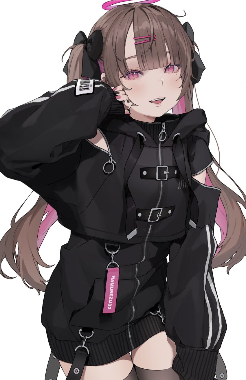 1girl :d belt black_coat black_nails black_thighhighs bow brown_hair coat colored_inner_hair cowboy_shot hair_bow hair_ornament hairclip halo hamunezuko_(nezukonezu32) highres long_hair multicolored_hair open_mouth original pinching_sleeves pink_eyes pink_hair pink_nails simple_background sleeve_slit sleeves_past_wrists smile solo standing strap thighhighs twintails white_background zettai_ryouiki