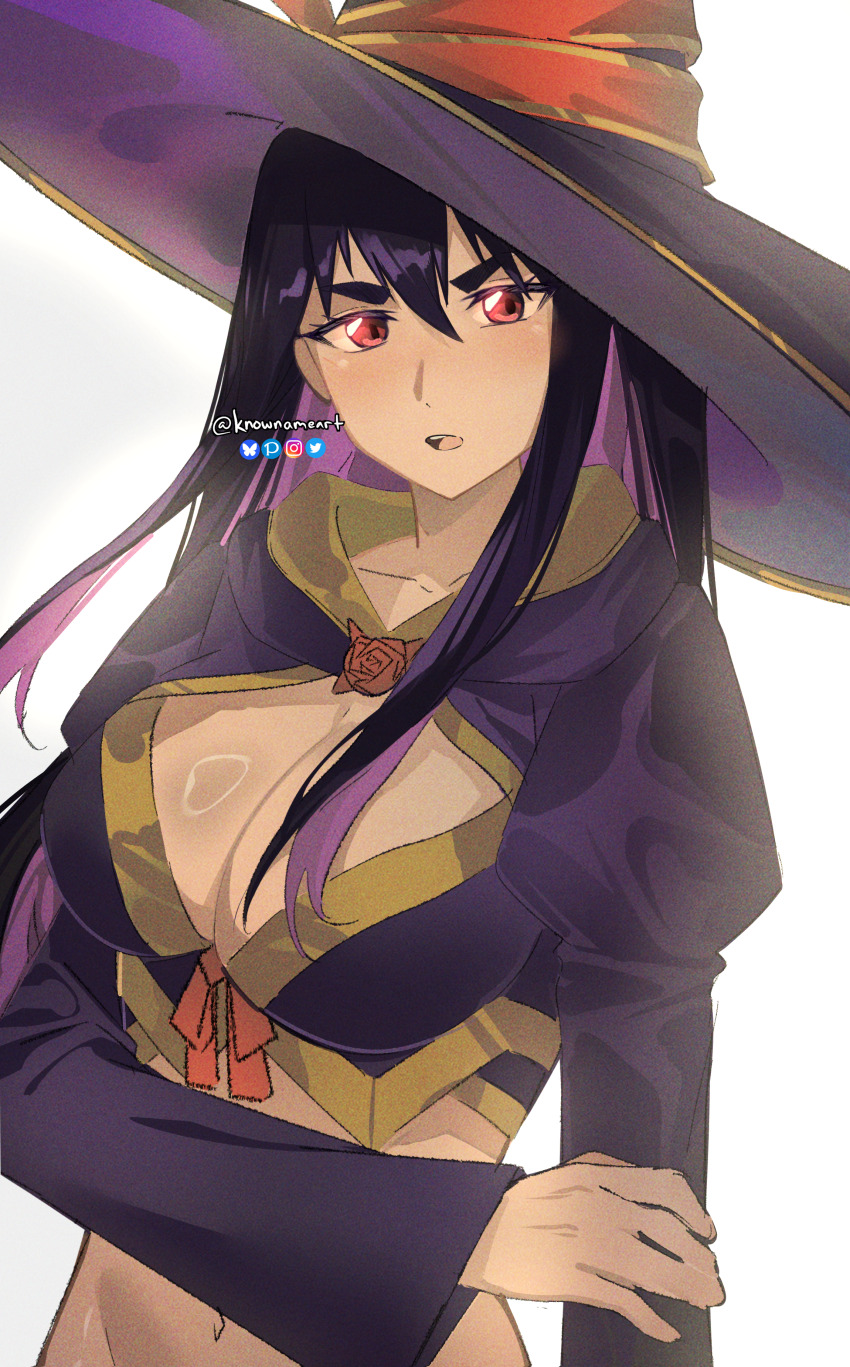 1girl absurdres artist_name breasts cleavage cleavage_cutout clothing_cutout female_focus hand_on_own_arm hat highres idola_avorn instagram_username knowname large_breasts long_hair looking_at_viewer midriff multicolored_hair navel open_mouth pink_hair pixiv_username purple_hair red_eyes sentai_red_ga_isekai_de_boukensha_ni_naru simple_background solo twitter_username two-tone_hair white_background witch_hat