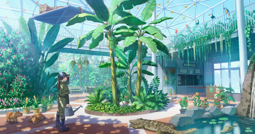 1girl absurdres balcony banana banana_tree baseball_cap bench bird black_eyes black_hair black_shirt blue_boots blue_hat boots bush capybara conservatory crocodile crocodilian dappled_sunlight door flower food fruit full_body fumeshi glass_ceiling green_jumpsuit hand_on_headwear hanging_plant hat highres holding holding_watering_can jumpsuit layered_sleeves leopard long_hair long_sleeves monkey original parrot pink_flower plant pond ponytail potted_plant profile red_flower rock rubber_boots scenery shirt short_over_long_sleeves short_sleeves smile solo stanchion sunlight swing toucan tree vines watering_can yellow_flower zoo zookeeper