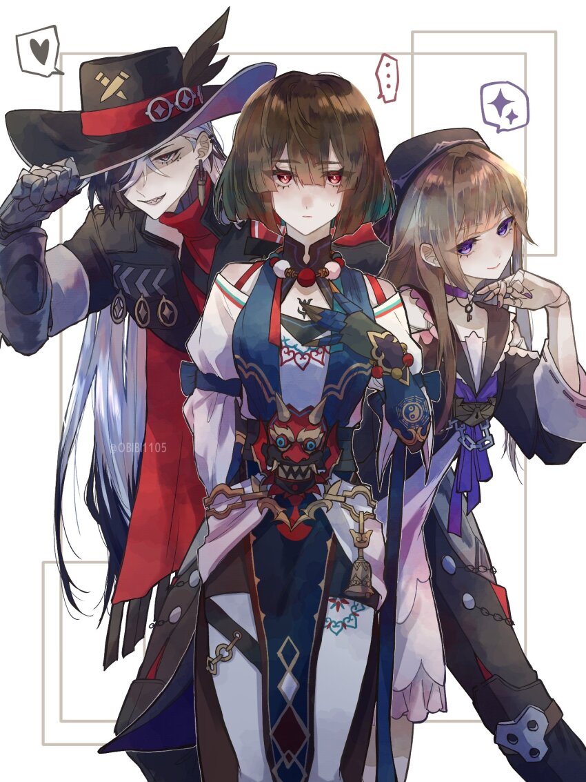 ... 1boy 2girls aqua_hair armored_gloves artist_name bell beret black_dress black_eyes black_hair black_hat black_jacket black_pants black_shorts blunt_bangs blunt_ends boothill_(honkai:_star_rail) brown_hair bullet_earrings cape chain chest_tattoo chinese_clothes choker closed_mouth commentary_request cowboy_hat crossed_bangs crosshair_pupils cyborg doll_joints dress ear_piercing earrings expressionless frilled_dress frills gloves gold_earrings grin hair_between_eyes hair_over_one_eye hand_on_headwear hand_up hat hat_feather heart herta_(puppet)_(honkai:_star_rail) highres honkai:_star_rail honkai_(series) jacket jewelry joints key key_choker leg_tattoo lock long_hair long_sleeves looking_at_viewer mask mole mole_under_eye multicolored_hair multiple_girls nail_polish neckerchief necklace obibi1105 off-shoulder_shirt off_shoulder one_eye_covered oni_mask pants parted_bangs pelvic_curtain piercing purple_choker purple_eyes purple_nails purple_neckerchief red_cape red_eyes red_hair red_pupils sharp_teeth shirt short_hair short_shorts short_sleeves shorts shoulder_strap simple_background single_earring smile speech_bubble spoken_ellipsis spoken_heart spoken_sparkle standing streaked_hair tattoo teeth twitter_username very_long_hair white_background white_dress white_hair white_shirt xueyi_(honkai:_star_rail)