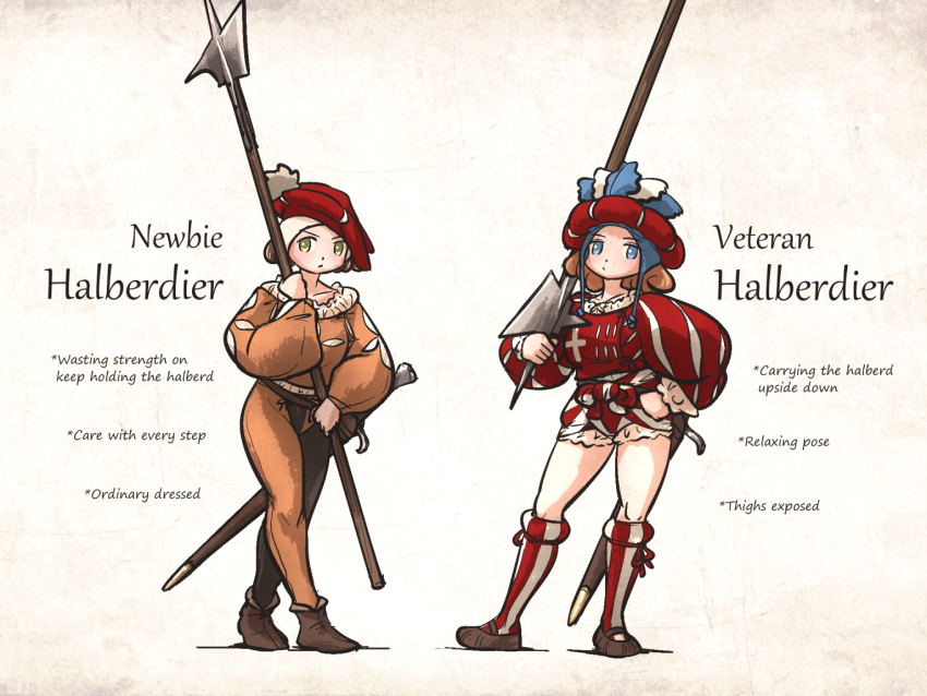 2girls armor blue_eyes brown_hair brown_shoes chaperon_hat closed_mouth coif commentary cross english_commentary english_text engrish_text frilled_shirt_collar frills green_eyes halberd hand_on_own_hip hat hat_feather holding holding_polearm holding_weapon ironlily long_sleeves long_sword medium_hair mercenary multiple_girls orange_leggings orange_shirt original polearm puffy_long_sleeves puffy_sleeves ranguage red_hat reislaeufer_(ironlily) sheath shirt shoes socks striped_clothes striped_socks sword thighs vertical-striped_clothes vertical-striped_socks weapon
