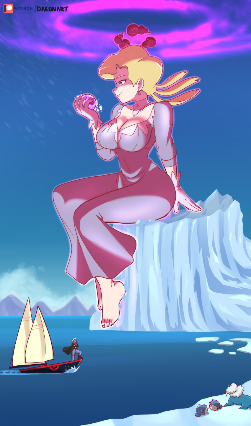 1boy 1girl 3others absurdres barefoot blonde_hair blue_eyes boat braid breasts choker cleavage coat commentary dakunart drake_(pokemon) dress dynamax dynamax_ball english_commentary facial_hair feet gen_3_pokemon giant glacia_(pokemon) gloves hat highres large_breasts low-cut multiple_others mustache nintendo old old_man pants pokemon pokemon_oras purple_dress smile spheal three-quarter_sleeves torn_clothes torn_coat walrein watercraft white_choker white_gloves