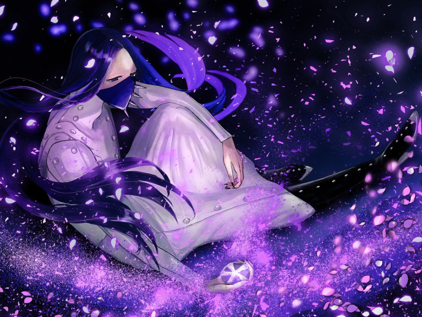 1boy as_nodt black_background black_footwear bleach bleach:_sennen_kessen-hen buttons cross flower jacket long_hair long_sleeves mask purple_flower quincy_(bleach) spikes user_gvzh5524 very_long_hair white_jacket
