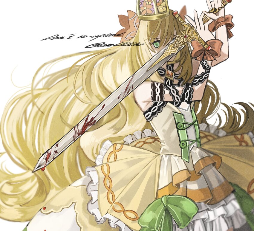1girl bare_shoulders blonde_hair blood bow breasts butterfly_hair_ornament celine_(fire_emblem) crown dress fire_emblem fire_emblem_engage flower green_eyes hair_ornament highres holding long_hair looking_at_viewer nintendo omlililimo orange_bow princess small_breasts solo upper_body very_long_hair wrist_bow