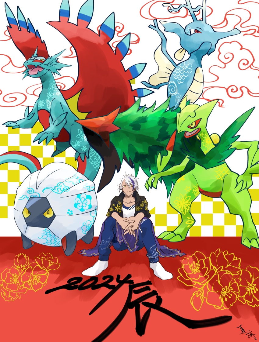 1boy 2024 absurdres blue_skin body_markings checkered_background chinese_zodiac claws cloud collarbone colored_sclera colored_skin commentary_request drayton_(pokemon) fangs fish gen_2_pokemon gen_3_pokemon highres kingdra mega_pokemon mega_sceptile multicolored_background multicolored_hair nintendo nnatsukari open_mouth own_hands_together pokemon pokemon_(creature) pokemon_sv purple_hair red_eyes red_sclera roaring_moon sceptile seahorse shelgon short_hair sitting skin_fangs streaked_hair tail translation_request tree white_background white_hair wings year_of_the_dragon yellow_eyes