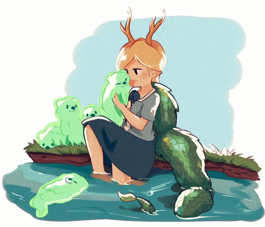 1girl afloat animal antlers blonde_hair blue_shirt blue_skirt bow clem_(calmeremerald) dragon_tail grass holding holding_animal horns kicchou_yachie licking medium_hair otter otter_spirit_(touhou) partially_submerged pointy_ears red_eyes scales shell shirt sitting skirt tail touhou water