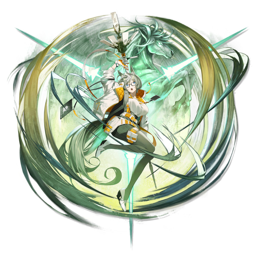 1girl animal_ears arknights belt black_skirt blue_eyes coat elite_ii_(arknights) gloves green_hair highres holding holding_staff horse horse_ears horse_girl horse_tail infection_monitor_(arknights) looking_at_viewer official_art proviso_(arknights) senmu_(senmudayo) skirt staff tail