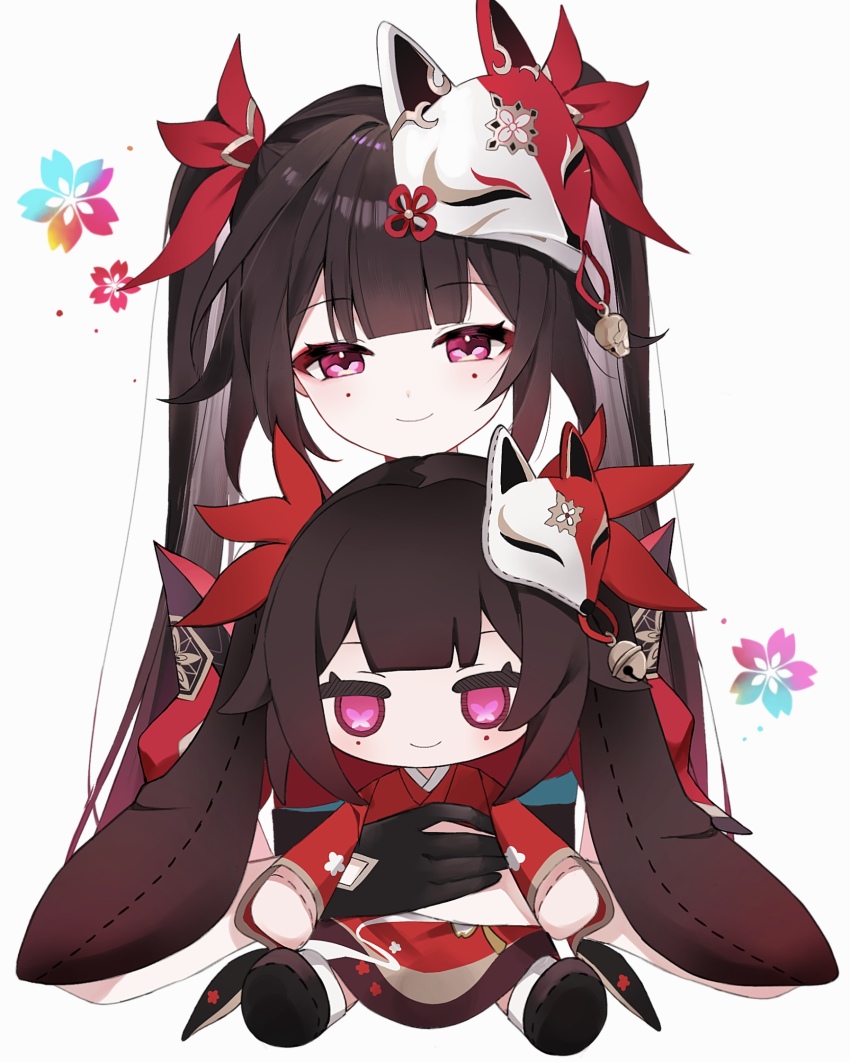 1girl black_gloves black_hair character_doll facial_mark fox_mask gloves highres honkai:_star_rail honkai_(series) long_hair looking_at_viewer mask mask_on_head nirako_mona purple_eyes smile sparkle_(doll)_(honkai:_star_rail) sparkle_(honkai:_star_rail) twintails very_long_hair