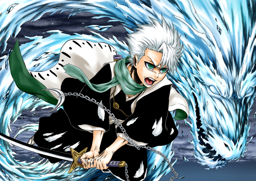 1boy angry black_hakama black_kimono bleach bleachist chain cloud cloudy_sky commentary cryokinesis fighting_stance floating_clothes full_body green_eyes green_scarf hakama haori highres hitsugaya_toushirou holding holding_sword holding_weapon hyourinmaru_(shikai) ice ice_dragon japanese_clothes katana kimono kubo_tite_(style) long_sleeves looking_ahead male_focus official_style open_mouth outdoors scarf short_hair sky solo spiked_hair sword tabi taichou_haori teeth tongue v-shaped_eyebrows weapon white_hair wide_sleeves