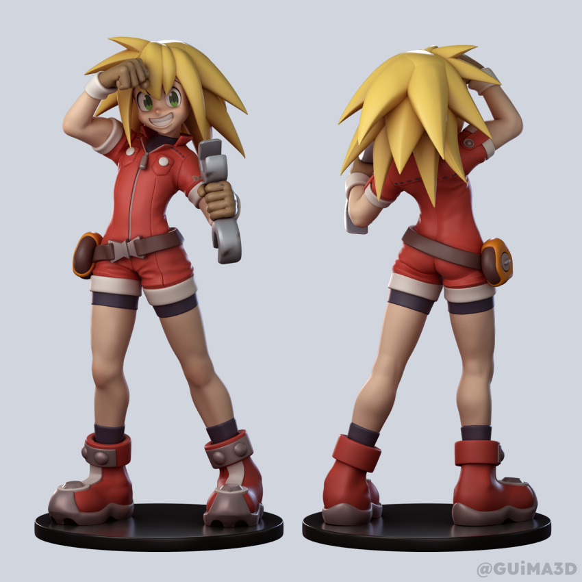 3d ankle_boots belt bike_shorts black_socks blonde_hair bodysuit bodysuit_under_clothes boots from_behind gloves green_eyes guima3d highres jumpsuit mega_man_(series) mega_man_legends_(series) red_boots red_jumpsuit red_shoes roll_caskett_(mega_man) shoes short_jumpsuit short_sleeves smile socks utility_belt wrench